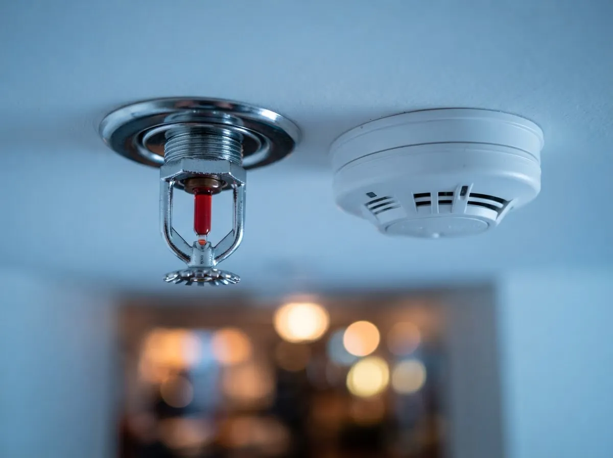 Rociador automático y detector de humo en el techo de un edificio