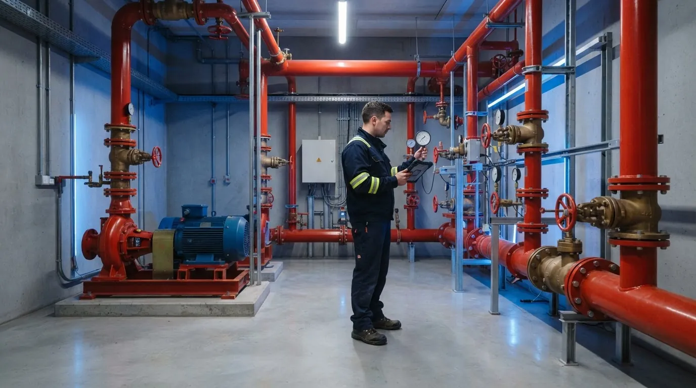 Técnico revisando la sala de bombas de un sistema de rociadores contra incendios